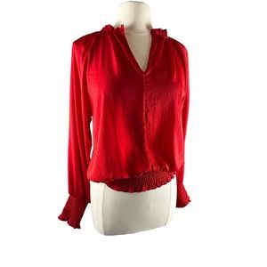 Womens Red Smocked Long Sleeve V Neck Top size M